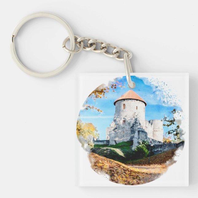 Porte-clefs Aquarelle peinture du château médiéval en automne (Devant)