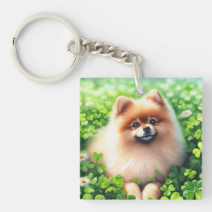 Porte-clefs Aquarelle Pomeranian Shamrock vert