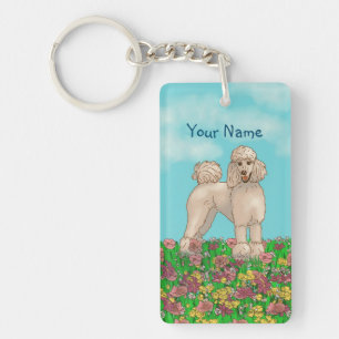 Porte-clefs Aquarelle Poodle blanc aux fleurs