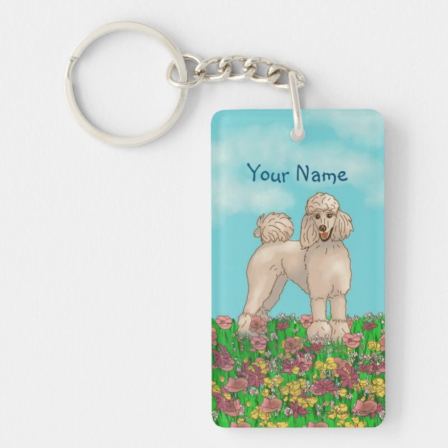 Porte-clefs Aquarelle Poodle blanc aux fleurs (Devant)