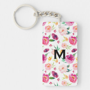 Porte-clefs Aquarelle rose et bleu Motif Monogramme