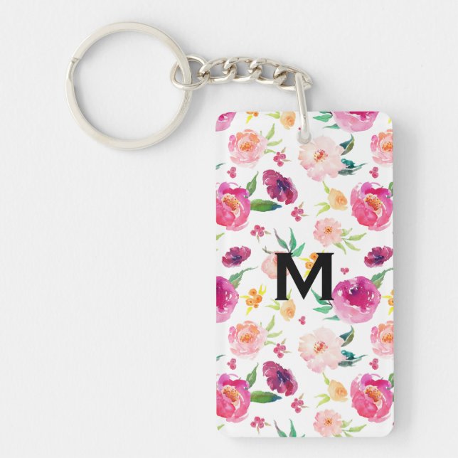 Porte-clefs Aquarelle rose et bleu Motif Monogramme (Devant)