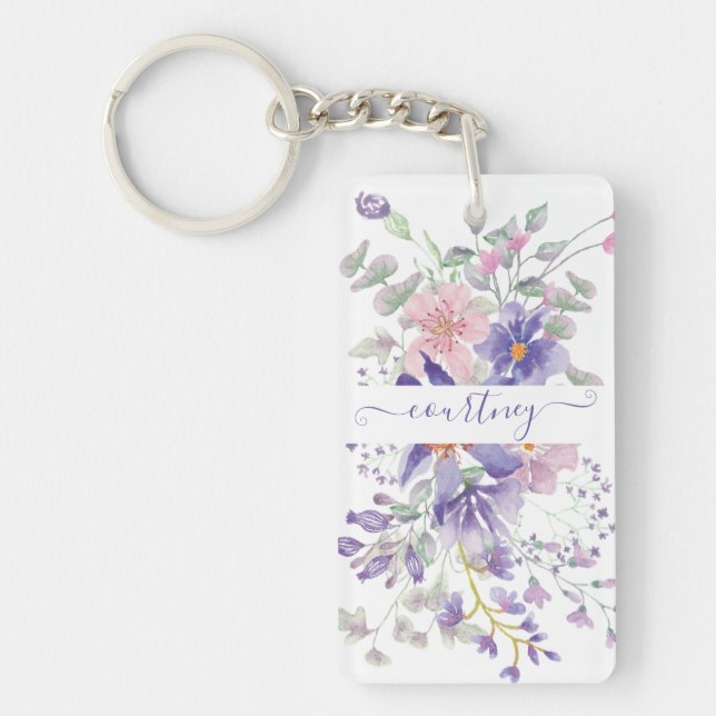 Porte-clefs Aquarelle rose et violet florale personnalisée (Devant)