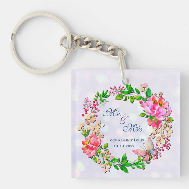 Porte-clefs Aquarelle rose floral et papillon printemps lancer (Devant)