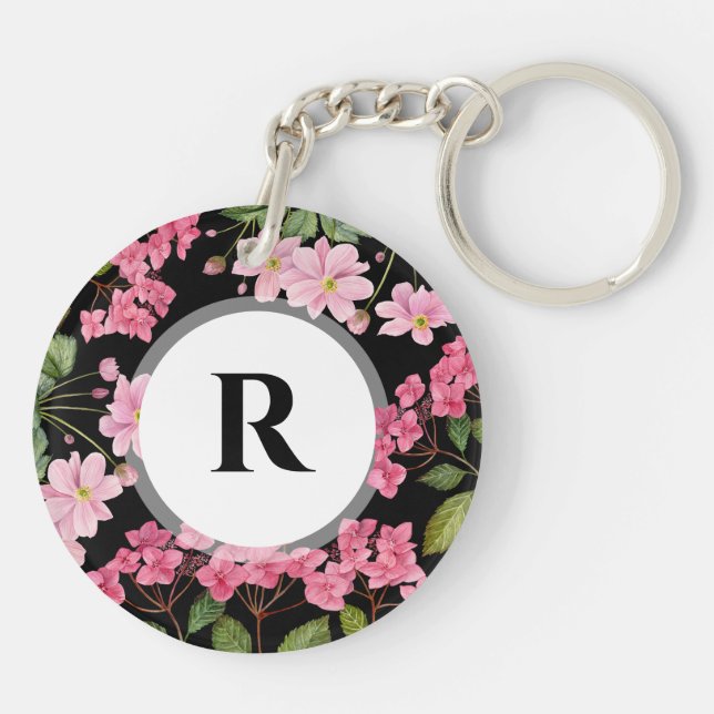Porte-clefs Aquarelle rose Hydrangea et anémone japonaise (Dos)