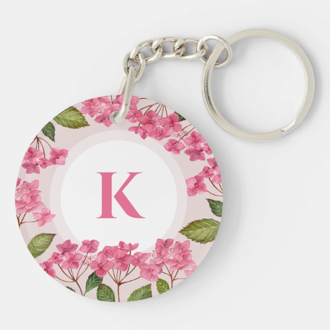 Porte-clefs Aquarelle rose Hydrangée Lacecaps Monogramme (Dos)