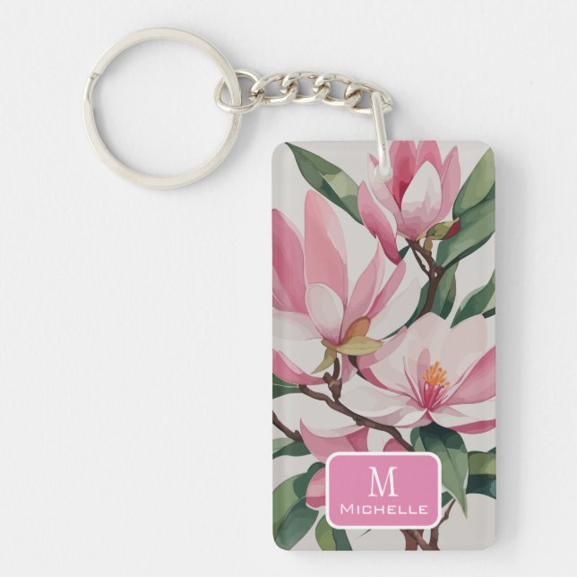 Porte-clefs Aquarelle rose Magnolia Art moderne Monogramme (Devant)