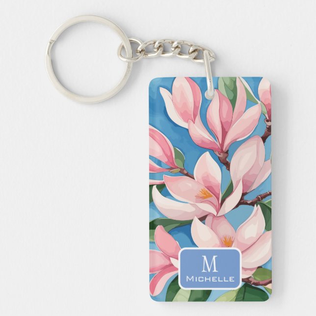 Porte-clefs Aquarelle rose Magnolia Art moderne Monogramme ble (Devant)