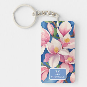 Porte-clefs Aquarelle rose Magnolia Botanique bleu Monogramme