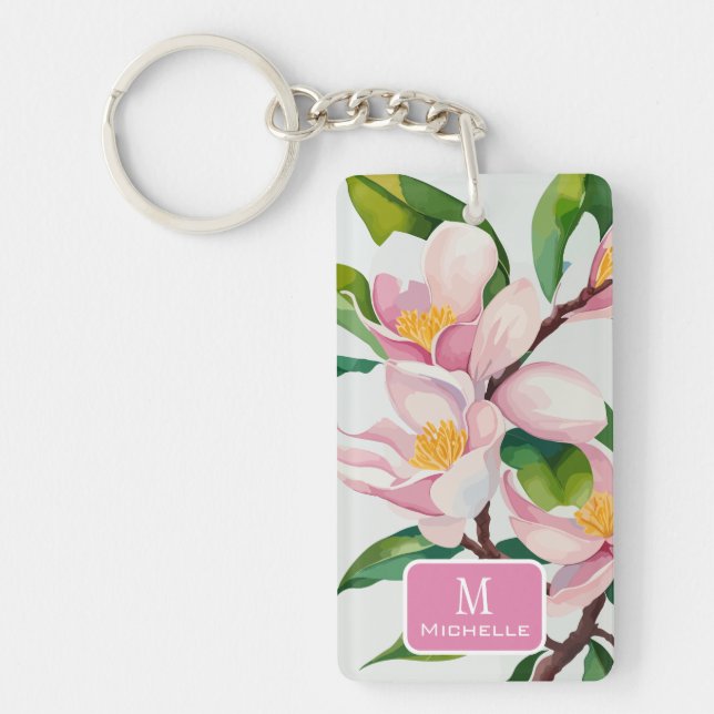 Porte-clefs Aquarelle rose Magnolia Monogramme botanique (Devant)