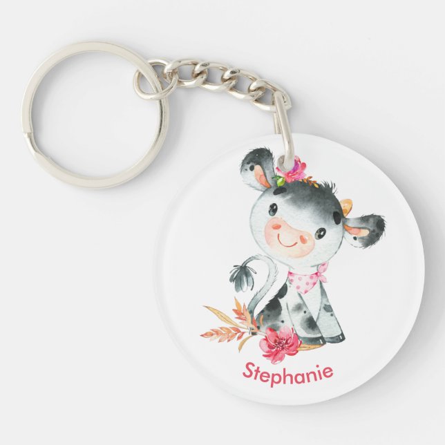 Porte-clefs Aquarelle rose Petite vache (Devant)