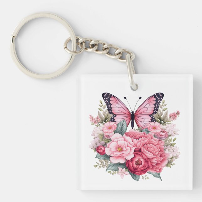 Porte-clefs Aquarelle rose rétro Papillon et fleurs (Devant)