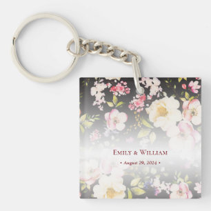 Porte-clefs Aquarelle rose Roses jaunes, noir flou, Mariage