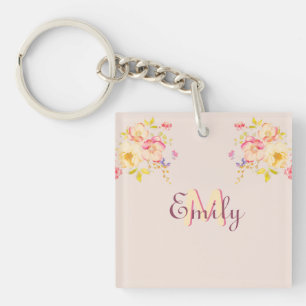 Porte-clefs Aquarelle Roses Jaunes Rose, Monogramme