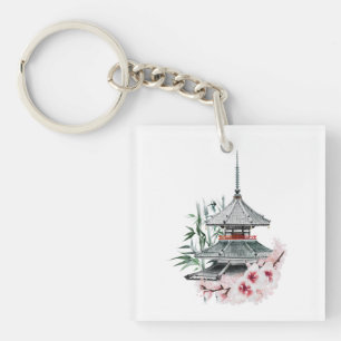 Porte-clefs Aquarelle Sakura Blossom Bambou Temple japonais
