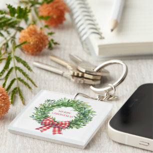 Porte-clefs Aquarelle Verte Avec Bow En vichy Rouge