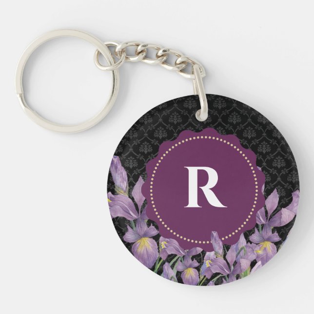 Porte-clefs Aquarelle violet Iris noir Damas Monogramme (Devant)