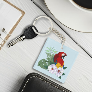 Porte-clefs Ara Macao Rouge Perroquet Tropical Hibiscus Floral
