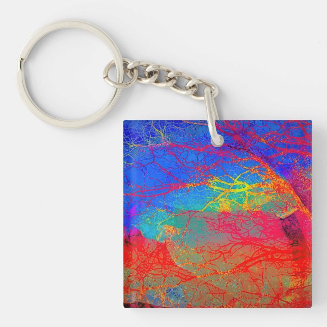 Porte-clefs Arbre Abstrait en rouge et bleu (Devant)