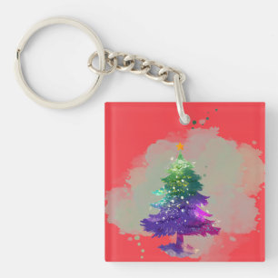 Porte-clefs Arbre de Noël moderne aquarelle coloré