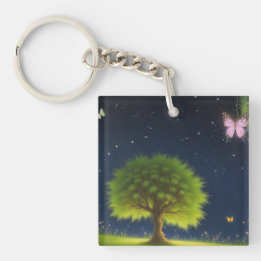 Porte-clefs Arbre de saule de nuit avec papillons et lucioles
