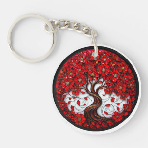 Porte-clefs Arbre Fleur Rouge Vibrant avec des Détails Élégant