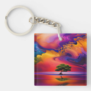 Porte-clefs Arbre solitaire dans l'eau ciel coloré