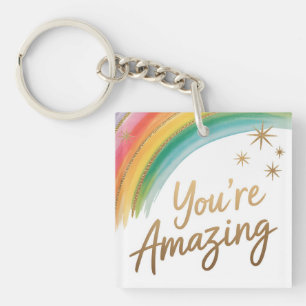Porte-clefs Arc-en-ciel avec paillettes dorées et texte "Vous