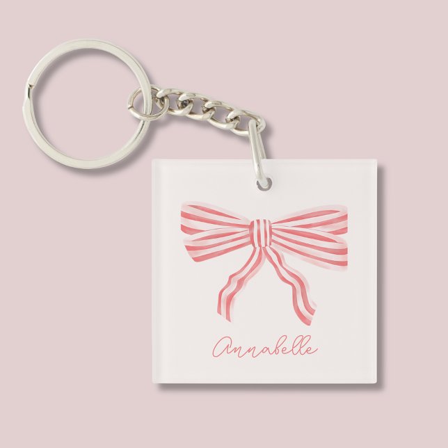 Porte-clefs Arc rose et prénom (Blush pink bow keychain with custom name.)