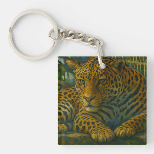 Porte-clefs Ardoise dorée - Leopard reposant en feuillage