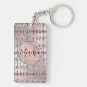 Porte-clefs Argent rose brillant Arlequin Monogramme