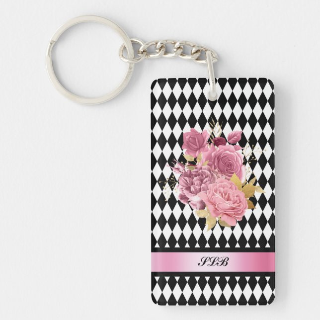 Porte-clefs Arlequin noir blanc avec fleur rose et nom (Devant)