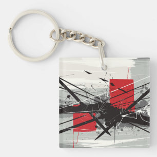 Porte-clefs Art abstrait avec des blocs rouges et des traits n