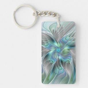 Porte-clefs Art abstrait papillon bleu vert fantasy fractal