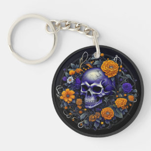 Porte-clefs Art AI de crâne personnalisé et de fleurs orange