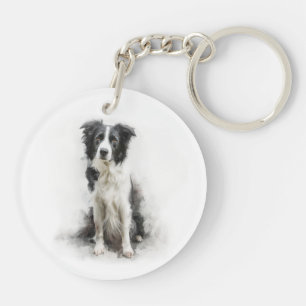 Porte-clefs Art aquarelle Collie à la frontière noir et blanc
