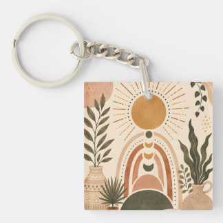 Porte-clefs Art botanique et soleil bohème
