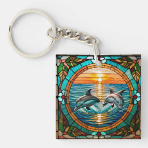 Porte-clefs Art de verre coloré avec des dauphins bondissant a