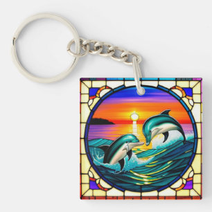 Porte-clefs Art de verre coloré avec des dauphins bondissant a