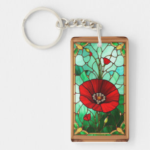 Porte-clefs Art de vitrail fleur rouge vif