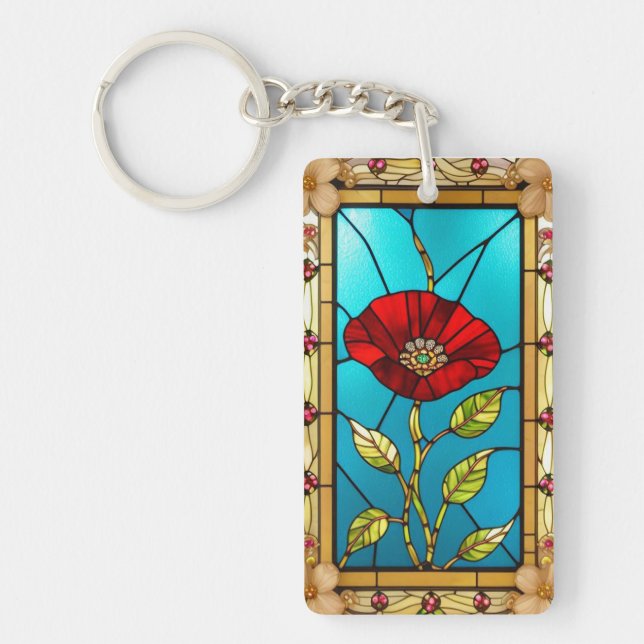 Porte-clefs Art de vitrail fleur rouge vif (Devant)