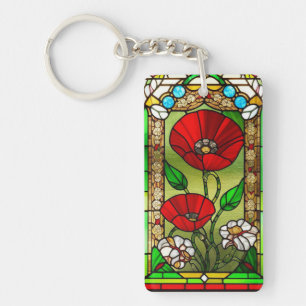 Porte-clefs Art de vitrail vibrant Fleur Rouge