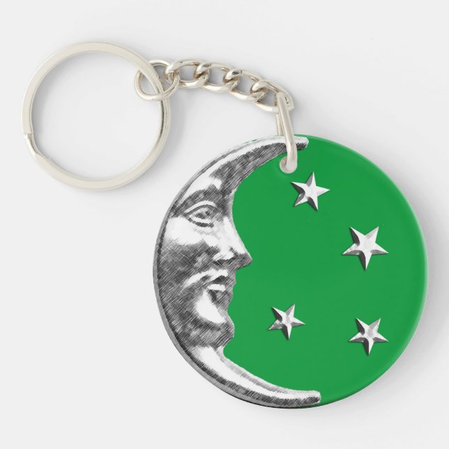 Porte-clefs Art Déco Lune et Etoiles - Jade Green et Argent (Devant)