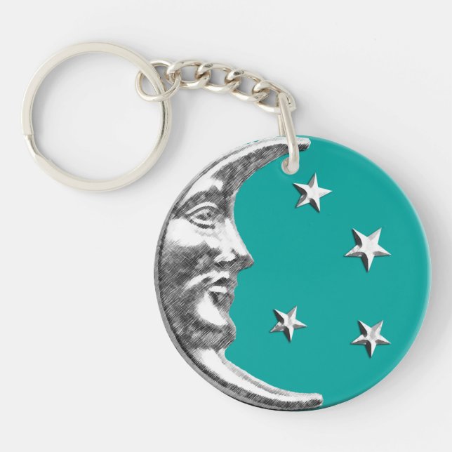 Porte-clefs Art Déco Lune et Etoiles - Turquoise & Argent (Devant)