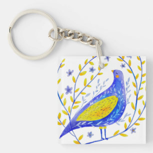 Porte-clefs Art d'oiseau bleu et jaune à l'aquarelle moderne