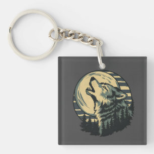 Porte-clefs Art du loup hurlant sarcelle de la Lune