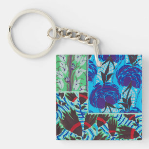 Porte-clefs Art floral bleu et vert maximaliste vibrant