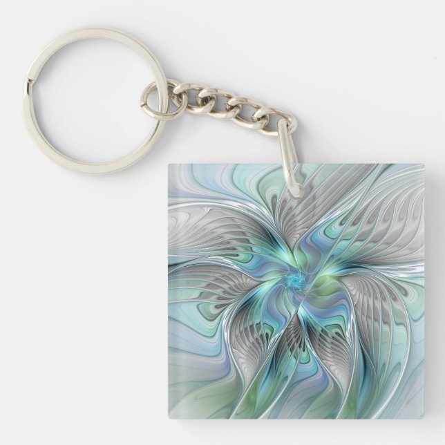 Porte-clefs Art fractal fantaisie papillon bleu vert abstrait (Devant)