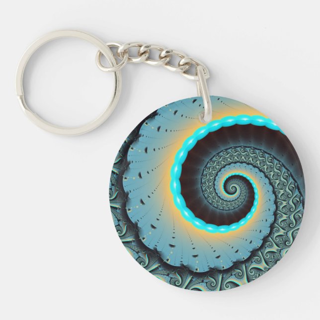 Porte-clefs Art fractal spirale abstrait bleu turquoise orange (Devant)