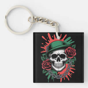 Porte-clefs Art graphique audacieux : Crâne en chapeau melon a